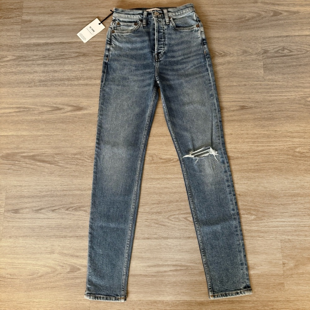 NWT re/done dark blue wash high waisted rise straight leg rip knee denim jeans